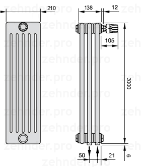 Схема (чертеж) Радиатор Zehnder Charleston 6300/3 №V002 Белый глянцевый RAL 9016